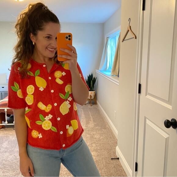 Vintage Y2K Susan Bristol Lemon Fruit Cotton Sweater Large - Picture 4 of 15